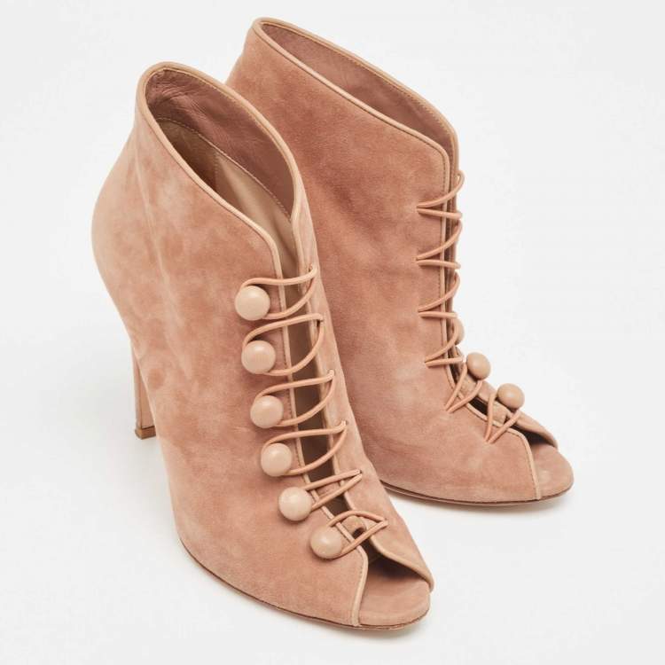 Pre Owned Gianvito Rossi Beige Suede Button Strap Peep Toe Boots Size 38