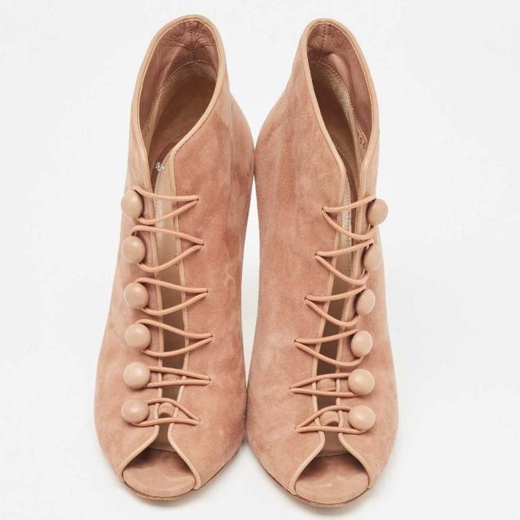 Pre Owned Gianvito Rossi Beige Suede Button Strap Peep Toe Boots Size 38