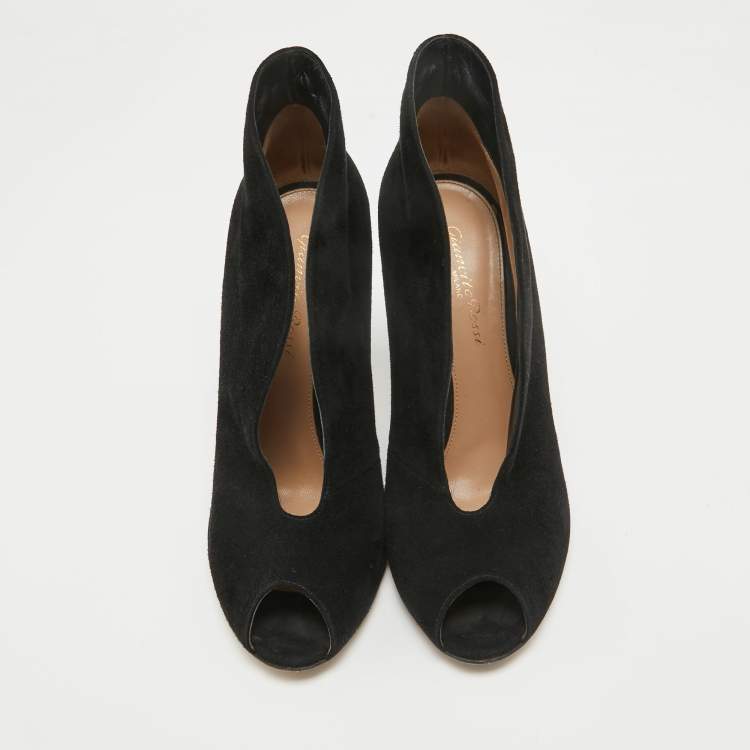 Pre Owned Gianvito Rossi Black Suede Vamp Peep Toe Booties Size 38
