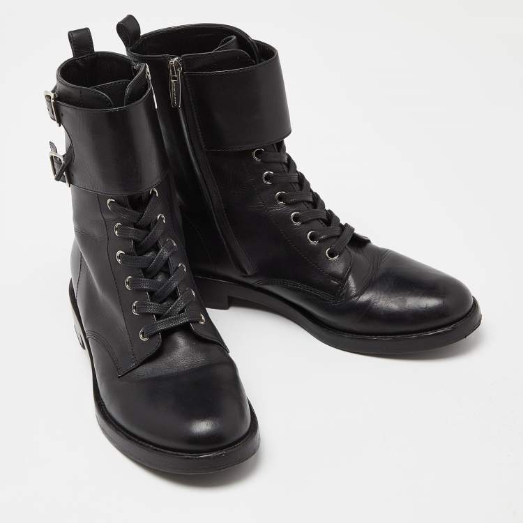 Pre Owned Gianvito Rossi Black Leather Zip Combat Boots Size 38