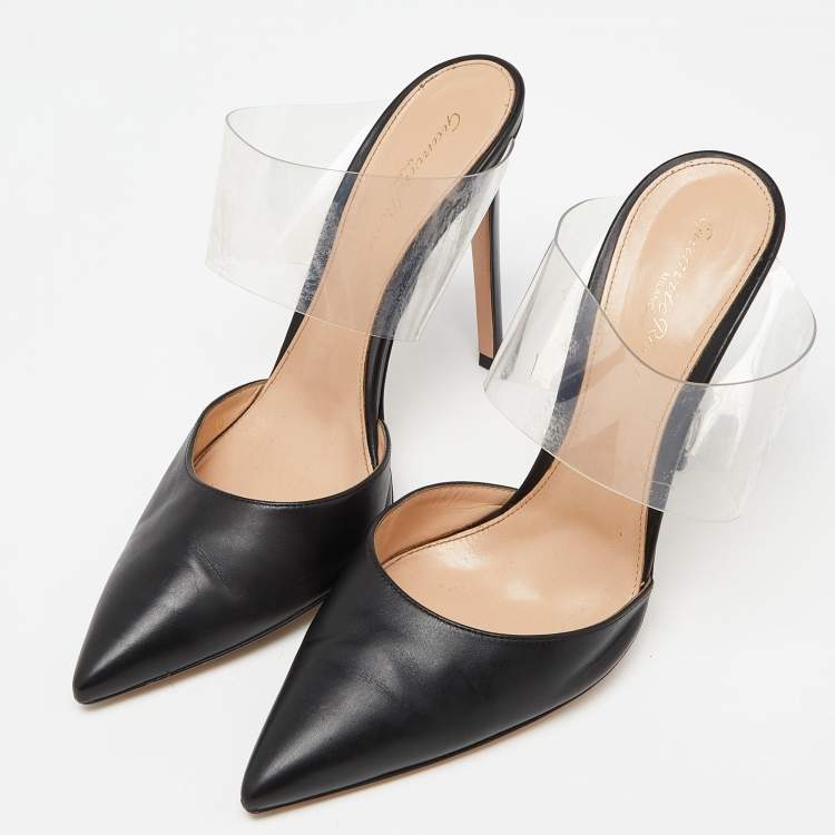 Pre Owned Gianvito Rossi Black Leather and PVC  Plexi Pointed Toe Mules Size 40