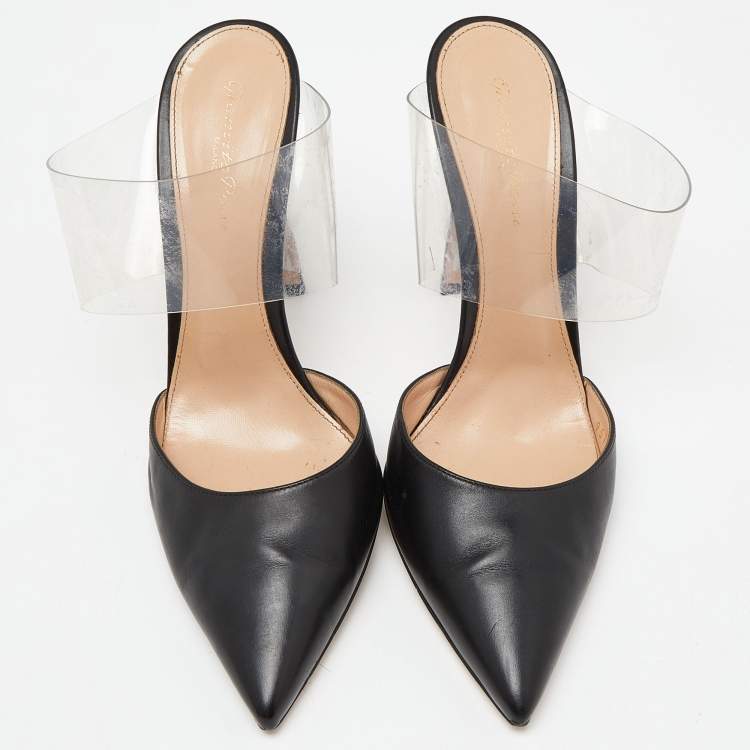 Pre Owned Gianvito Rossi Black Leather and PVC  Plexi Pointed Toe Mules Size 40