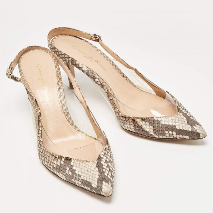 Pre Owned Gianvito Rossi Brown/Beige Python and PVC Slingback Pumps Size 37.5