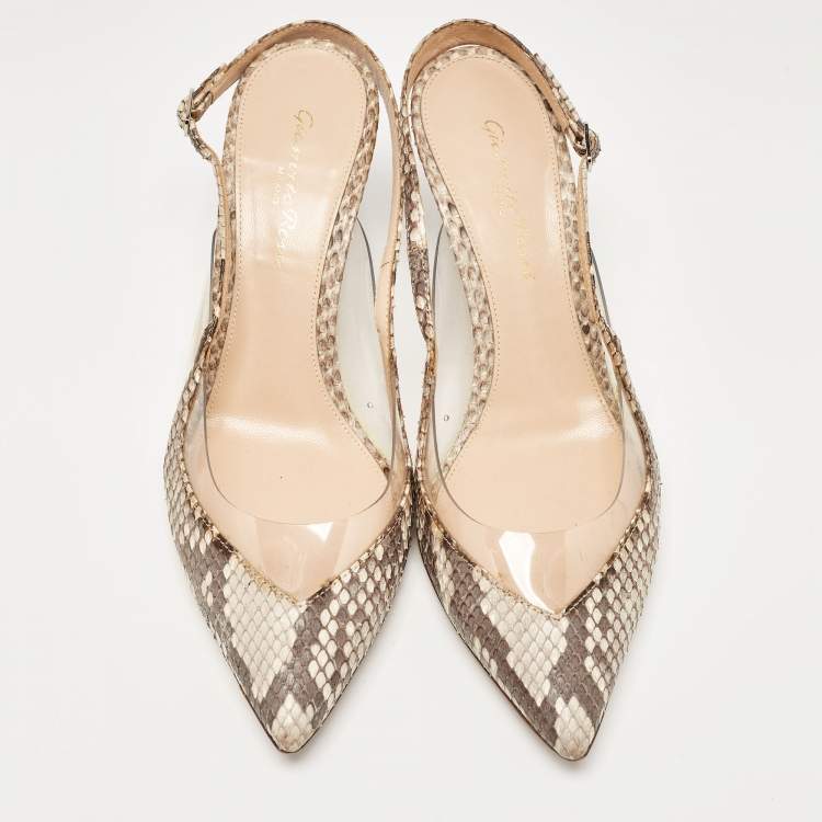 Pre Owned Gianvito Rossi Brown/Beige Python and PVC Slingback Pumps Size 37.5