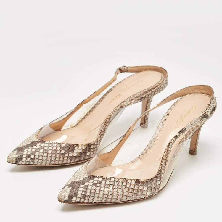 Pre Owned Gianvito Rossi Brown/Beige Python and PVC Slingback Pumps Size 37.5