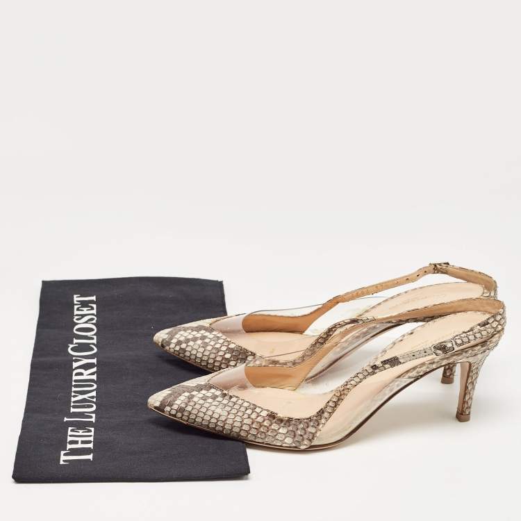 Pre Owned Gianvito Rossi Brown/Beige Python and PVC Slingback Pumps Size 37.5