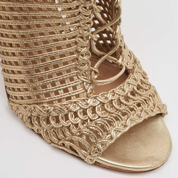 Pre Owned Gianvito Rossi Metallic Gold Leather Peep Toe Ankle Boots Size 39