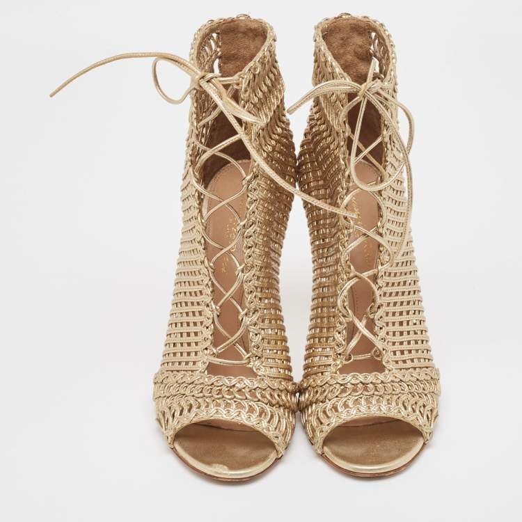 Pre Owned Gianvito Rossi Metallic Gold Leather Peep Toe Ankle Boots Size 39