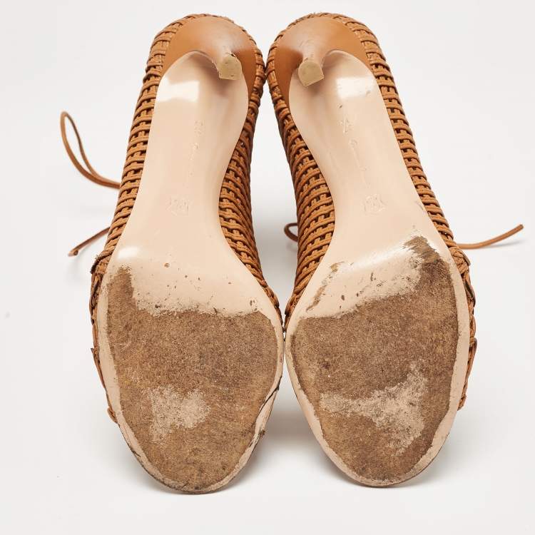 Pre Owned Gianvito Rossi Tan Woven Leather Marnie Ankle Boots Size 37.5