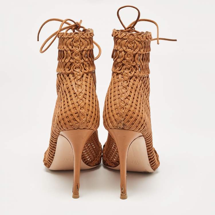 Pre Owned Gianvito Rossi Tan Woven Leather Marnie Ankle Boots Size 37.5