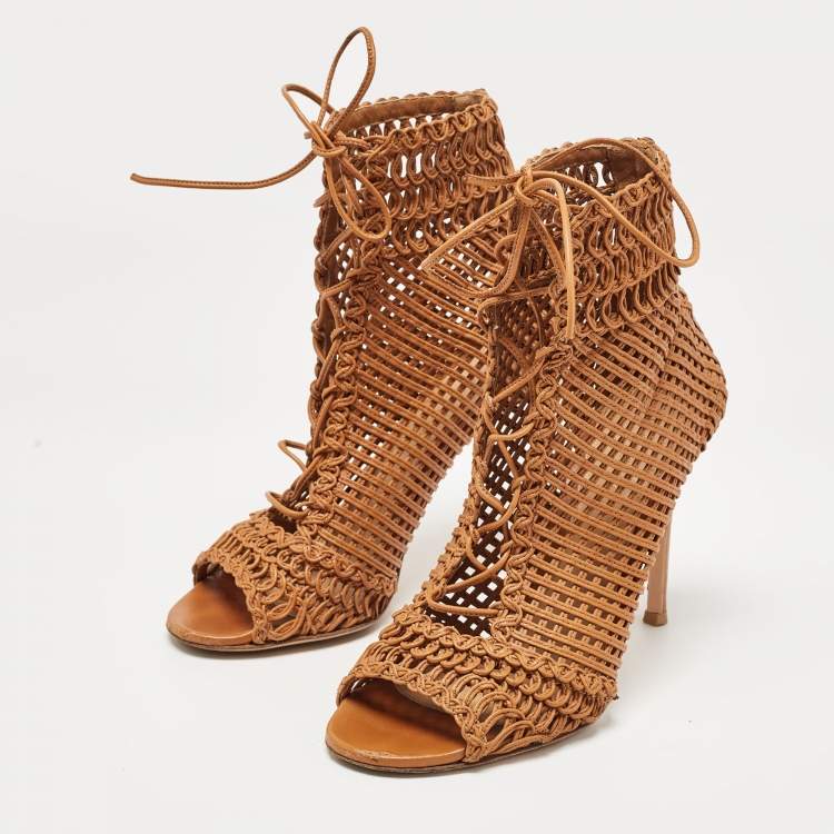 Pre Owned Gianvito Rossi Tan Woven Leather Marnie Ankle Boots Size 37.5