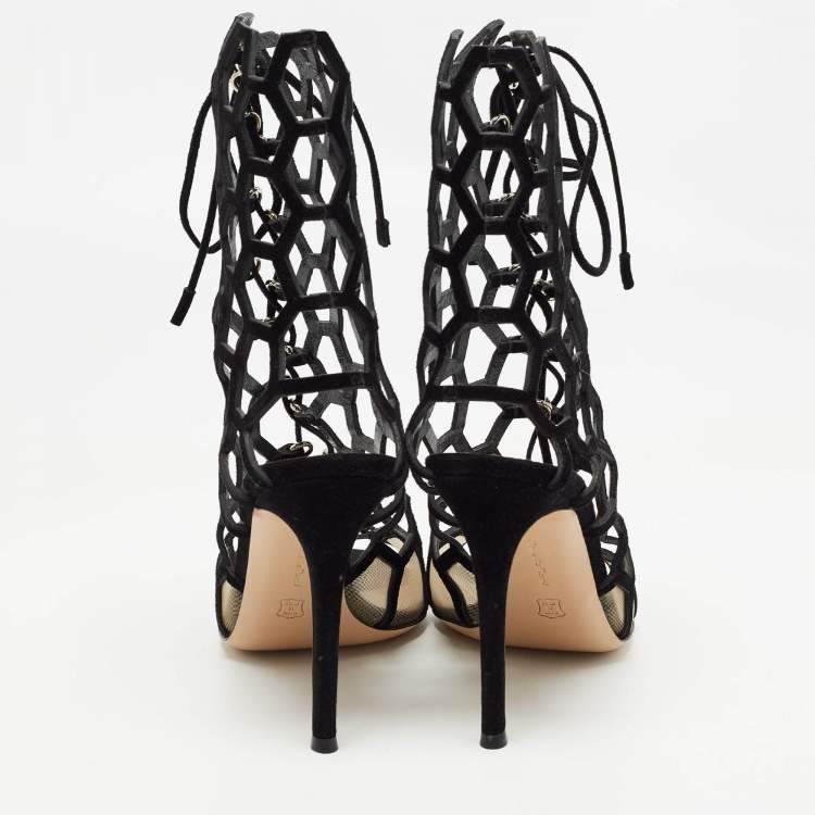Pre Owned Gianvito Rossi Black Suede and Mesh Cut Out Sandals Size 37