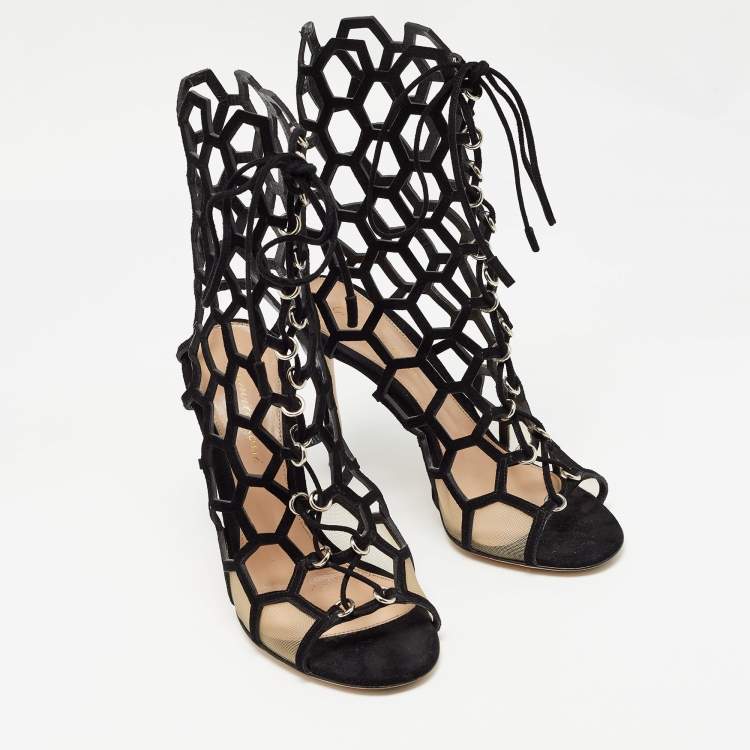 Pre Owned Gianvito Rossi Black Suede and Mesh Cut Out Sandals Size 37