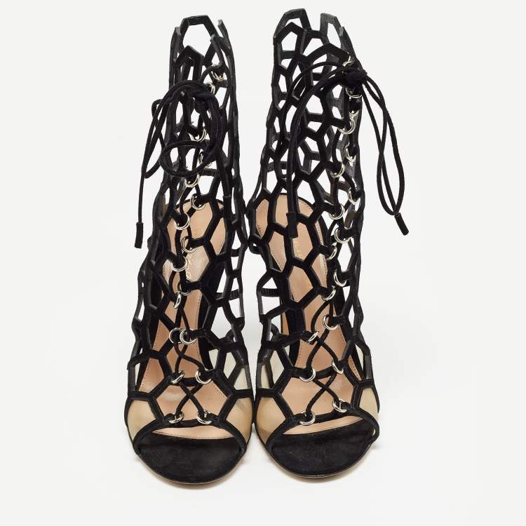 Pre Owned Gianvito Rossi Black Suede and Mesh Cut Out Sandals Size 37