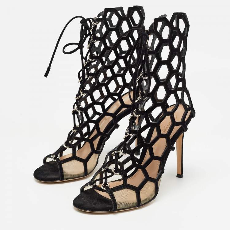 Pre Owned Gianvito Rossi Black Suede and Mesh Cut Out Sandals Size 37