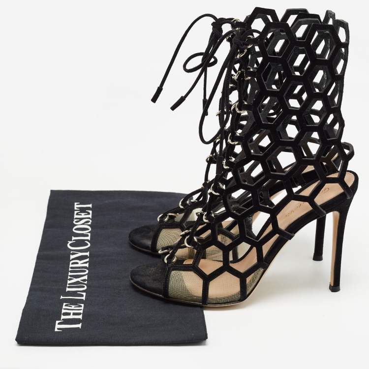 Pre Owned Gianvito Rossi Black Suede and Mesh Cut Out Sandals Size 37