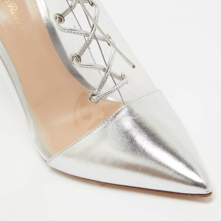 Pre Owned Gianvito Rossi Silver Leather and PVC Icon Ankle Booties Size 40.5