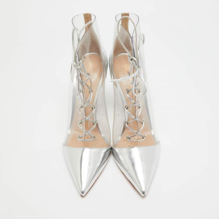 Pre Owned Gianvito Rossi Silver Leather and PVC Icon Ankle Booties Size 40.5
