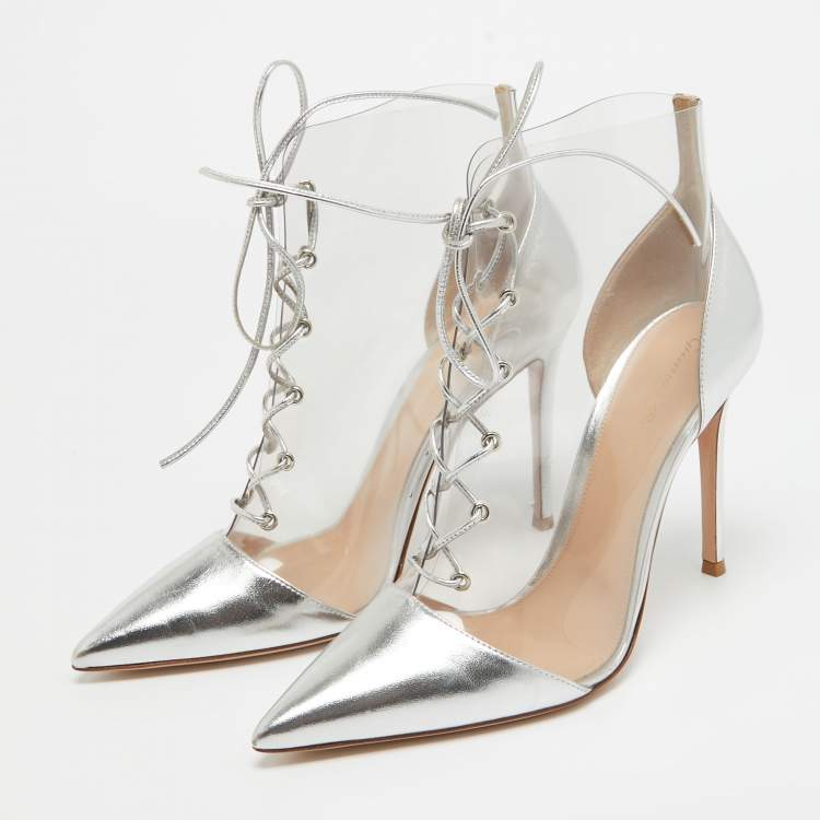Pre Owned Gianvito Rossi Silver Leather and PVC Icon Ankle Booties Size 40.5