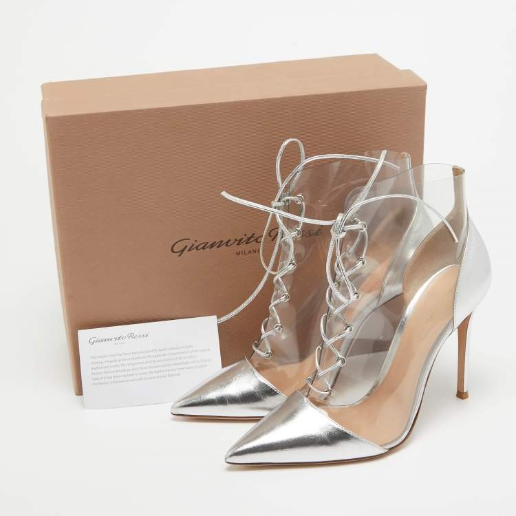 Pre Owned Gianvito Rossi Silver Leather and PVC Icon Ankle Booties Size 40.5