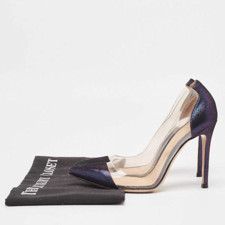 Pre Owned Gianvito Rossi Metallic Two Tone Laminated Suede and PVC Plexi Pumps Size 34