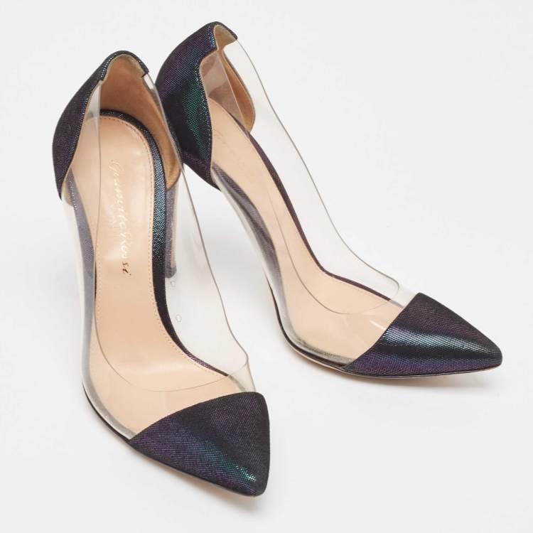 Pre Owned Gianvito Rossi Metallic Two Tone Laminated Suede and PVC Plexi Pumps Size 34