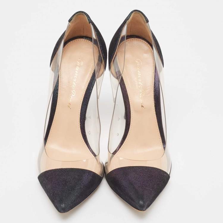 Pre Owned Gianvito Rossi Metallic Two Tone Laminated Suede and PVC Plexi Pumps Size 34