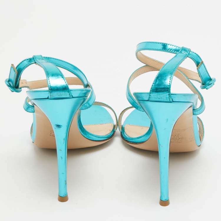 Pre Owned Gianvito Rossi Metallic Blue Leather Cross Ankle Strap Sandals Size 39
