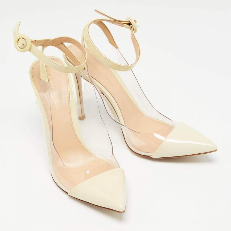 Pre Owned Gianvito Rossi Cream Patent and PVC Slingback Pumps Size 39.5  