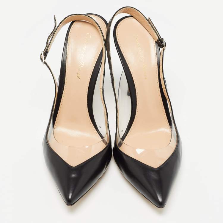 Pre Owned Gianvito Rossi Black Leather and PVC Slingback Pumps Size 39