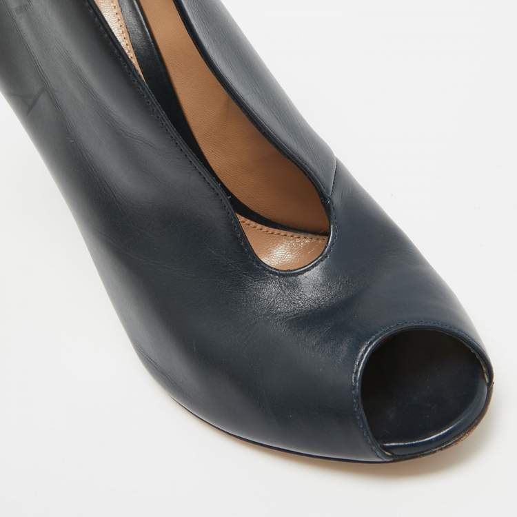 Pre Owned Gianvito Rossi Navy Blue Leather Vamp Booties Size 38.5