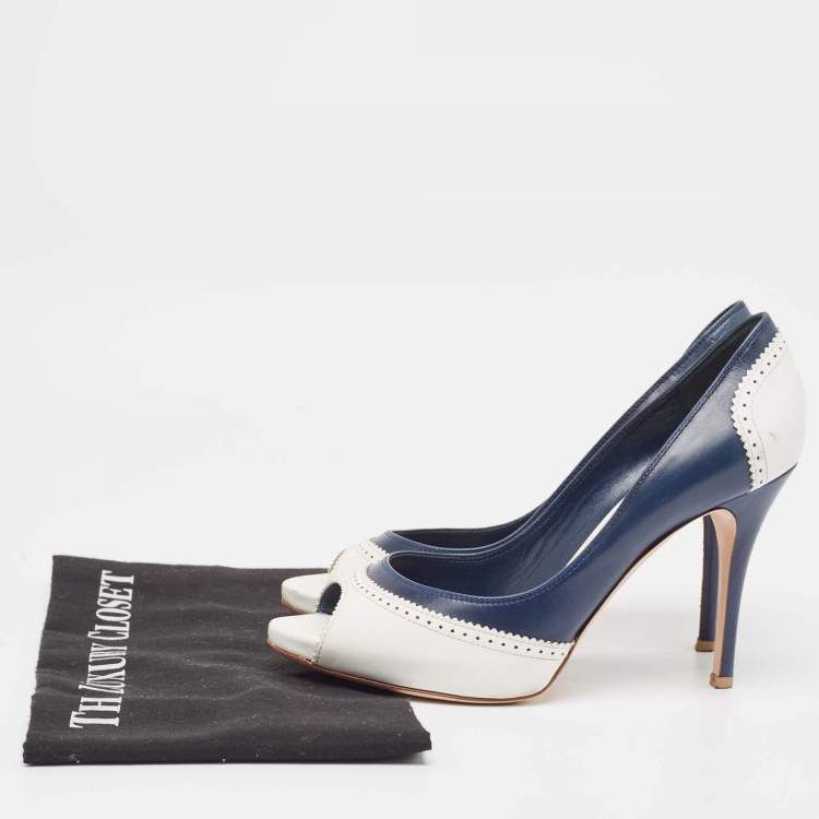 Pre Owned Gianvito Rossi White/Blue Leather Peep Toe Pumps Size 38