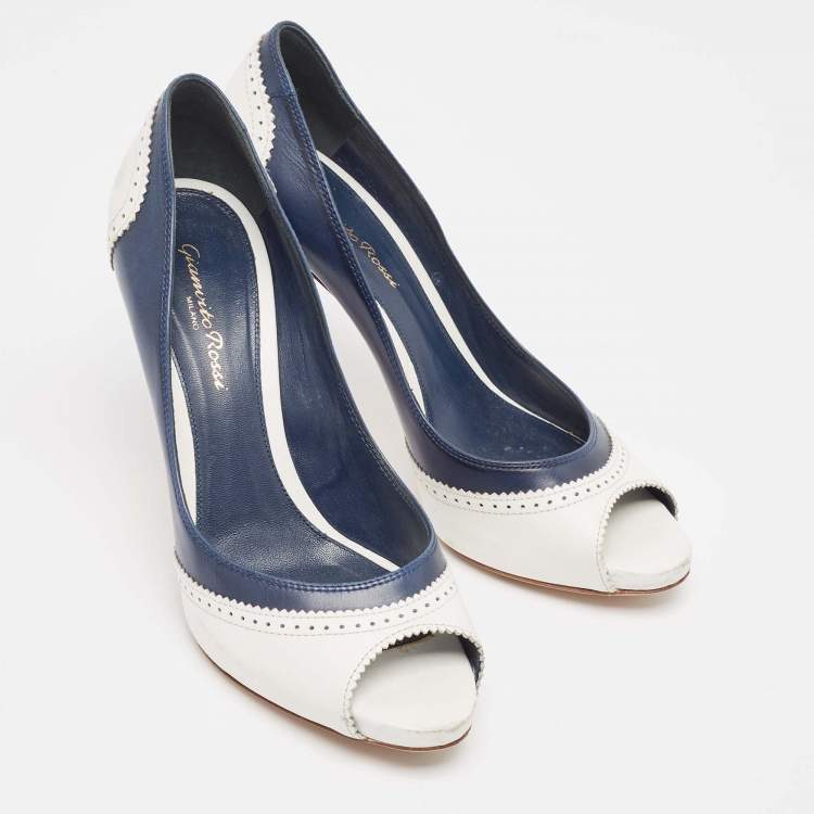 Pre Owned Gianvito Rossi White/Blue Leather Peep Toe Pumps Size 38