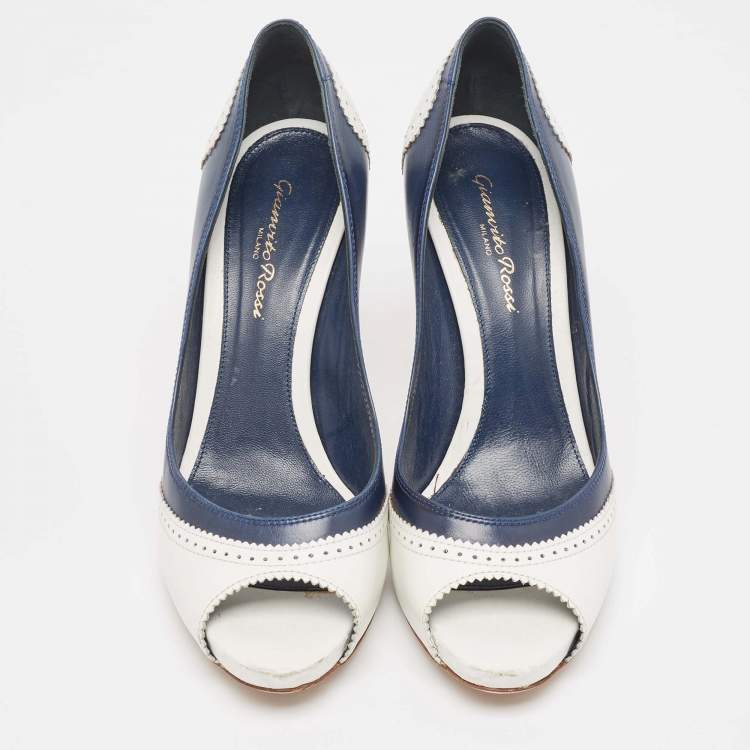 Pre Owned Gianvito Rossi White/Blue Leather Peep Toe Pumps Size 38