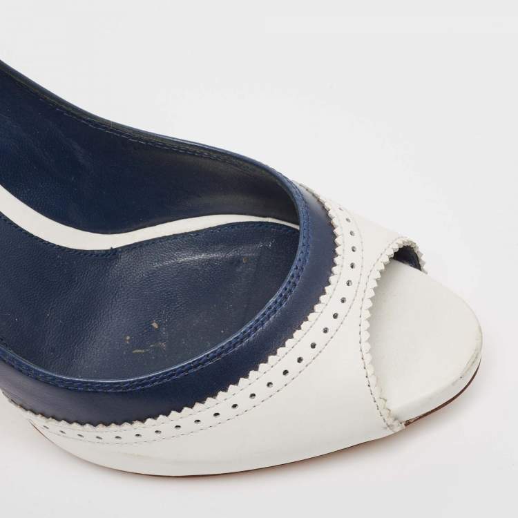 Pre Owned Gianvito Rossi White/Blue Leather Peep Toe Pumps Size 38