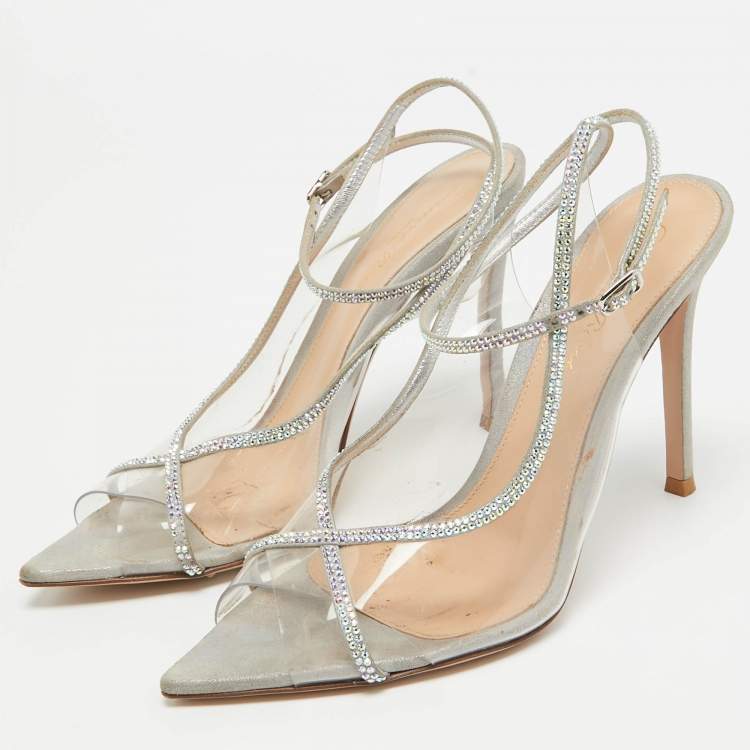 Pre Owned Gianvito Rossi Transparent PVC and Leather Crystal Embellished Ankle Strap Pumps Size 36.5 