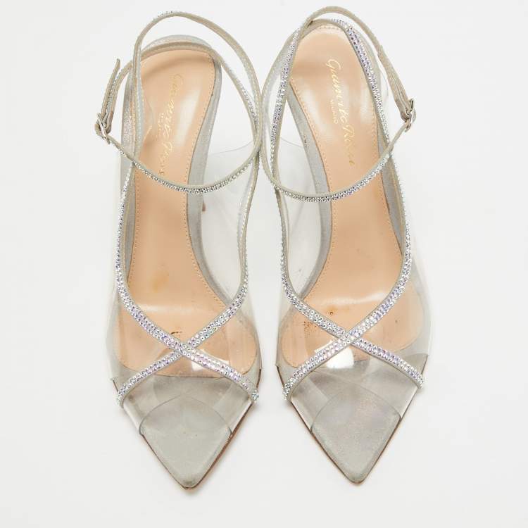 Pre Owned Gianvito Rossi Transparent PVC and Leather Crystal Embellished Ankle Strap Pumps Size 36.5 