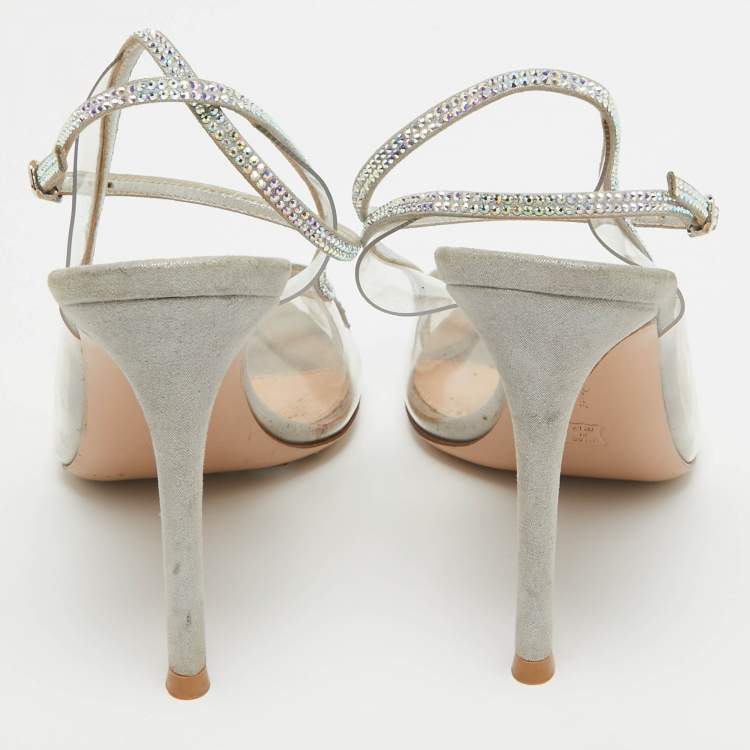 Pre Owned Gianvito Rossi Transparent PVC and Leather Crystal Embellished Ankle Strap Pumps Size 36.5 