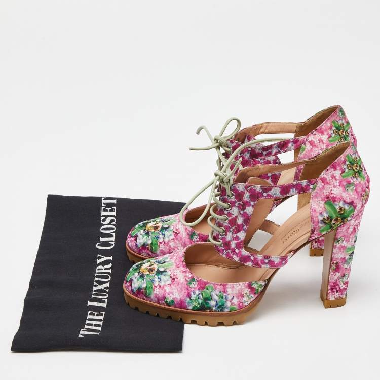 Pre Owned Gianvito Rossi Multicolor Floral Print Satin Cut Out Ankle Pumps Size 39