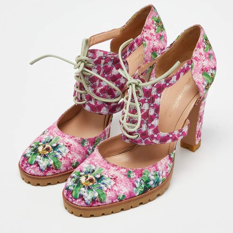 Pre Owned Gianvito Rossi Multicolor Floral Print Satin Cut Out Ankle Pumps Size 39