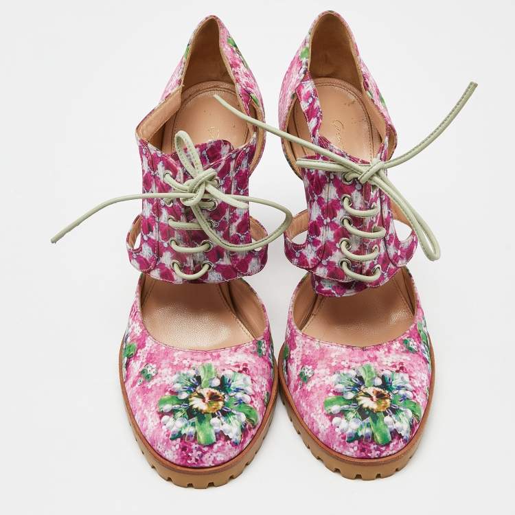 Pre Owned Gianvito Rossi Multicolor Floral Print Satin Cut Out Ankle Pumps Size 39