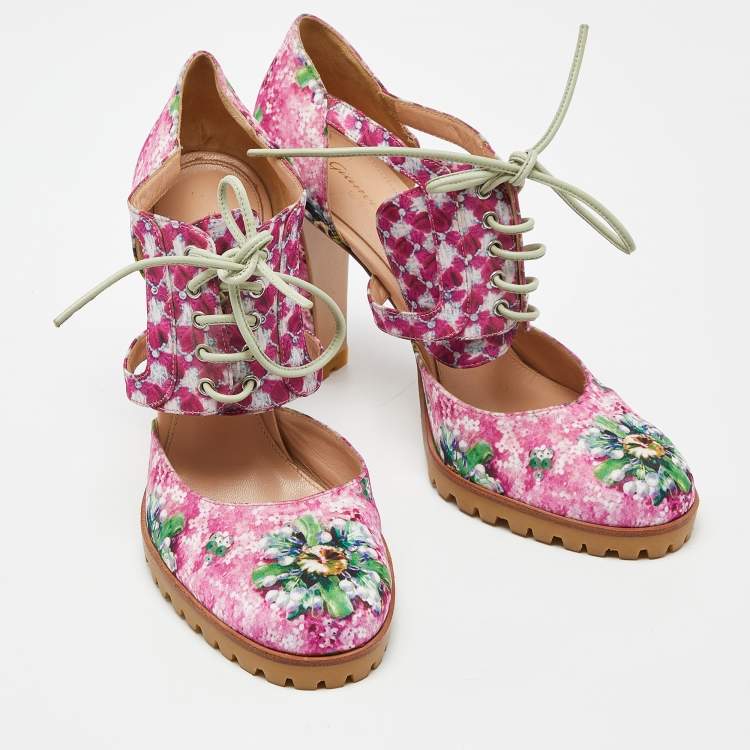 Pre Owned Gianvito Rossi Multicolor Floral Print Satin Cut Out Ankle Pumps Size 39