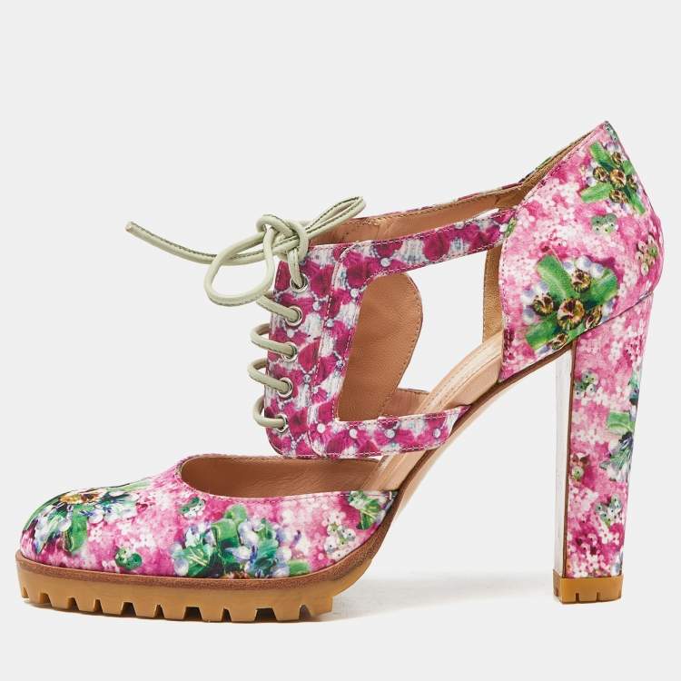 Pre Owned Gianvito Rossi Multicolor Floral Print Satin Cut Out Ankle Pumps Size 39