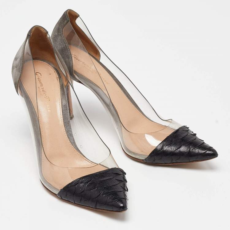 Pre Owned Gianvito Rossi Grey/Black Python,Suede and PVC Plexi Pumps Size 37.5
