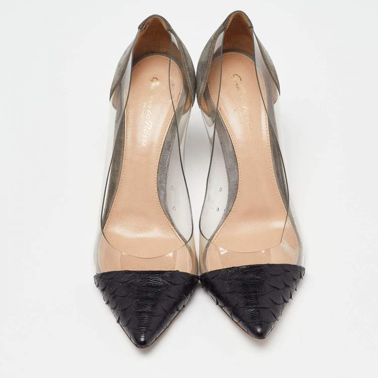 Pre Owned Gianvito Rossi Grey/Black Python,Suede and PVC Plexi Pumps Size 37.5