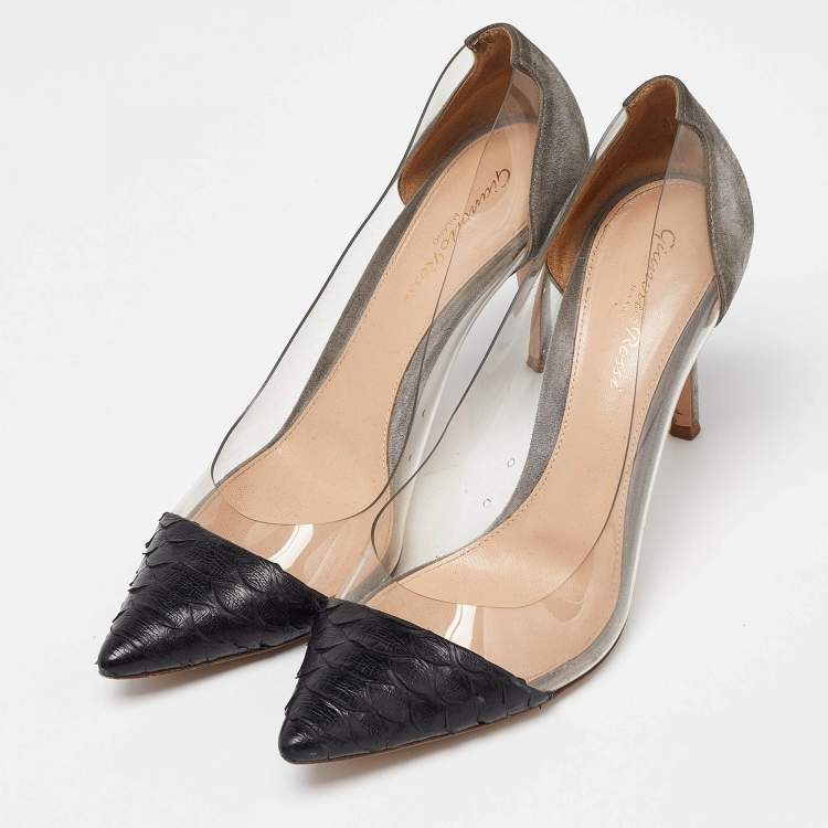 Pre Owned Gianvito Rossi Grey/Black Python,Suede and PVC Plexi Pumps Size 37.5