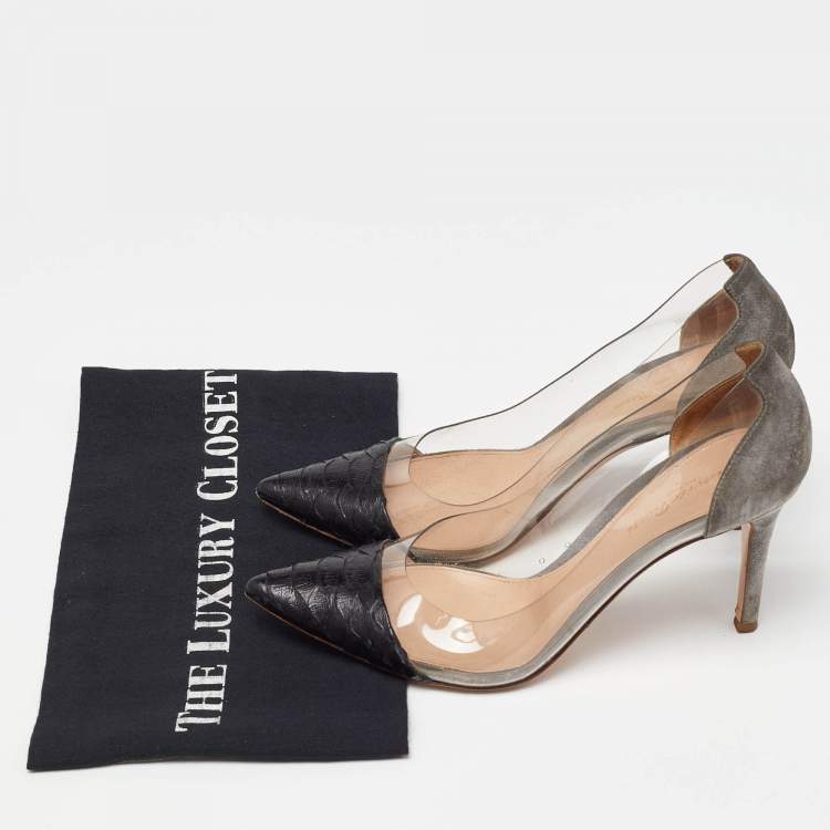 Pre Owned Gianvito Rossi Grey/Black Python,Suede and PVC Plexi Pumps Size 37.5