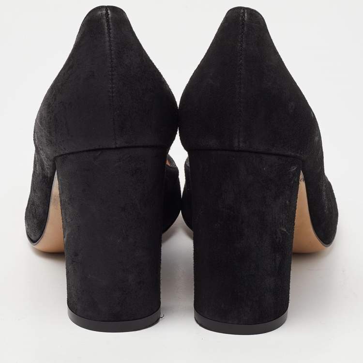 Pre Owned Gianvito Rossi Black Nubuck Leather Block Heel Pumps Size 37.5