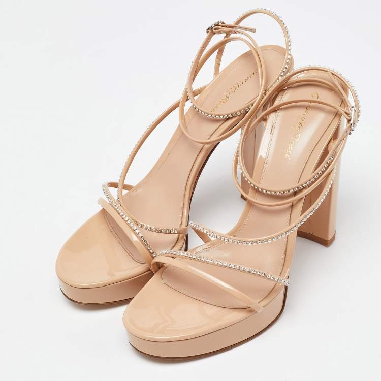 Pre Owned Gianvito Rossi Beige Patent Leather Block Heel Slide Sandals Size 42