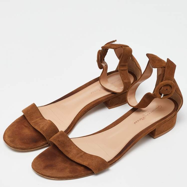 Pre Owned Gianvito Rossi Brown Suede Versilia Ankle Strap Flat Sandals Size 39.5